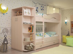 Кровать 2-х ярусная Мая с ящиками и шкафом на латофлексах млечный дуб в Камышлове - kamyshlov.magazinmebel.ru | фото - изображение 1