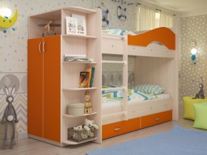 Кровать 2-х ярусная Мая с ящиками и шкафом на латофлексах оранж в Камышлове - kamyshlov.magazinmebel.ru | фото