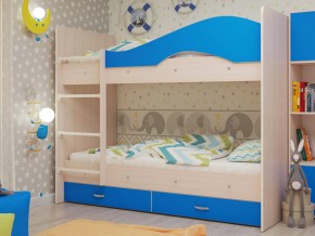 Кровать 2-х ярусная Мая с ящиками на латофлексах млечный дуб/синий в Камышлове - kamyshlov.magazinmebel.ru | фото