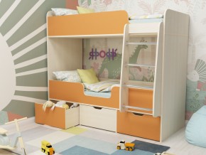 Кровать двухъярусная Малыш двойняшка дуб молочный-оранжевый в Камышлове - kamyshlov.magazinmebel.ru | фото